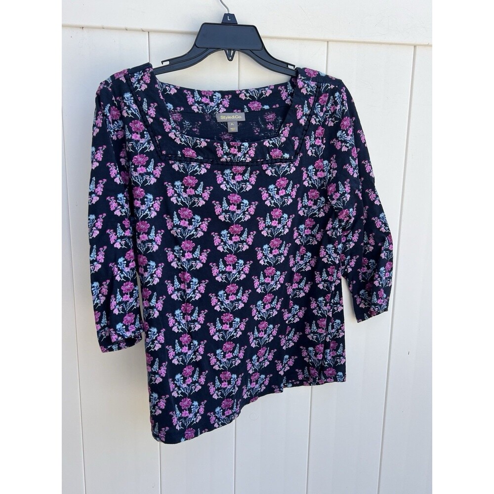 Style & Co Square Neck Top Women's Blue Boho Floral 100% Cotton Petite PL Vtg